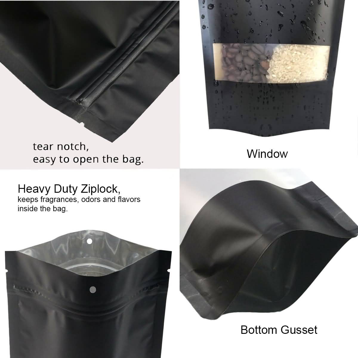 Matte Black Stand Up Pouches With Window 6×9.5×3.5 – 100 Pack