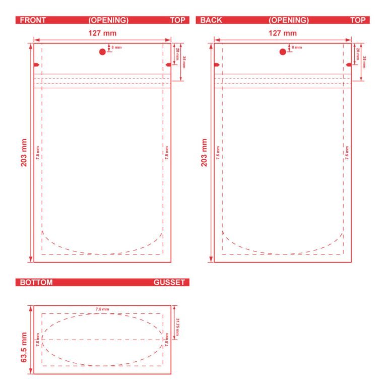 Clear Stand-Up Barrier Pouches 5x8x2 1/2 S-19172 Dieline - CarePac
