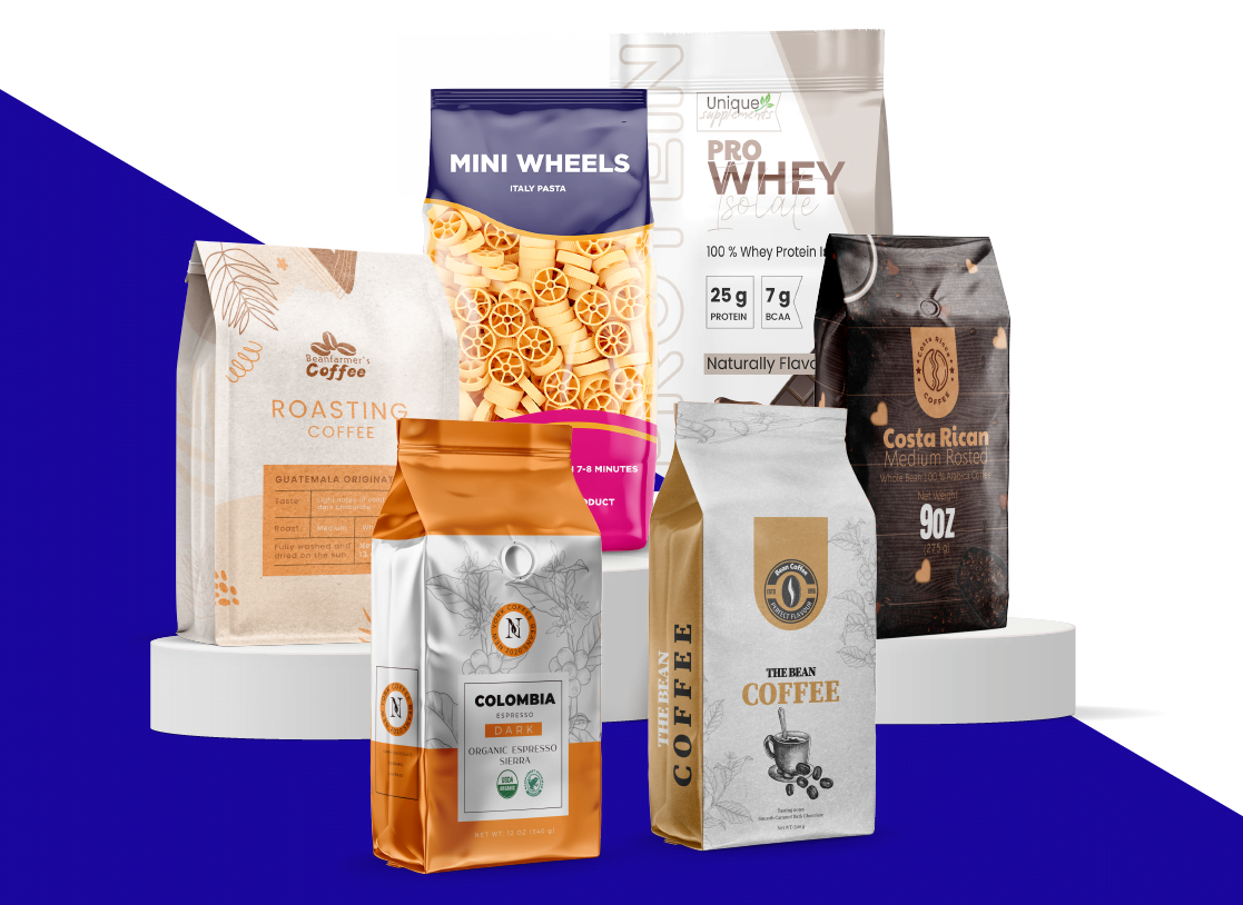 A family group shot of all the different types of custom quad seal bags Carepac offers including pasta, coffee and whey protein bags. 