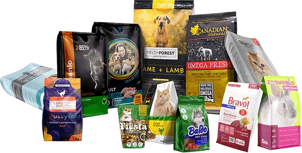 A family group shot of all the different types of custom pet bags Carepac offers including dog, cat and animal food bags.