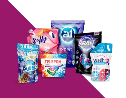 A family group shot of all the different types of Custom Plastic Printed Detergent Powder Packaging Pouches Carepac offers