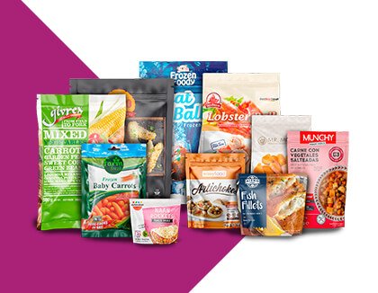 A family group shot of all the different types of custom frozen food packaging Carepac offers in keeping Frozen Food Fresh Best Packaging for Frozen Meals