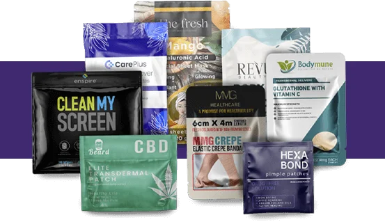 Custom peel pouches in varied sizes for product packaging.