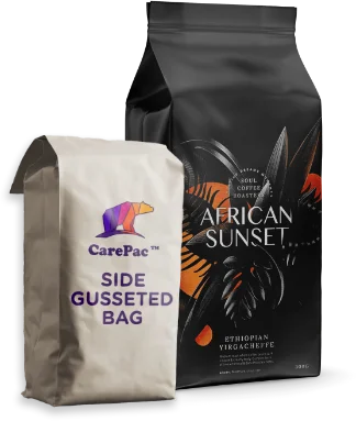 CarePac side gusset pouch featuring company logo, ideal for coffee and bulk product packaging.