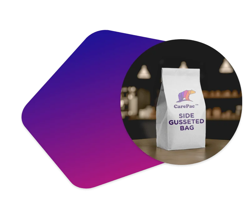 CarePac side gusset pouch featuring company logo, ideal for coffee and bulk product packaging