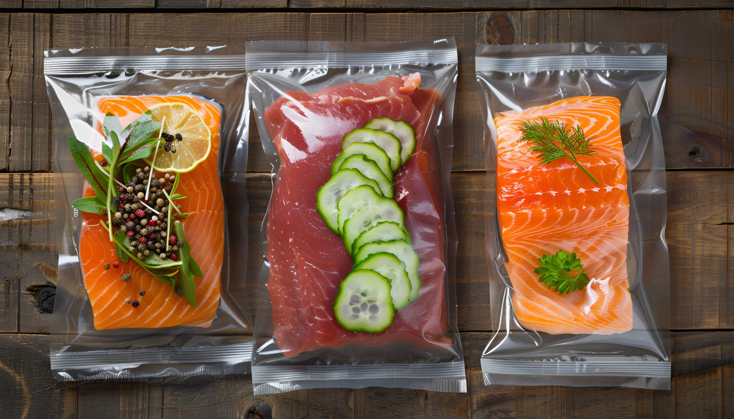 Beef, chicken and salmon in vacuum plastic bag for sous vide cooking beef chicken salmon vacuum plastic bag sous vide cooking scaled The Specifications for Extended Shelf-Life in Food Packaging