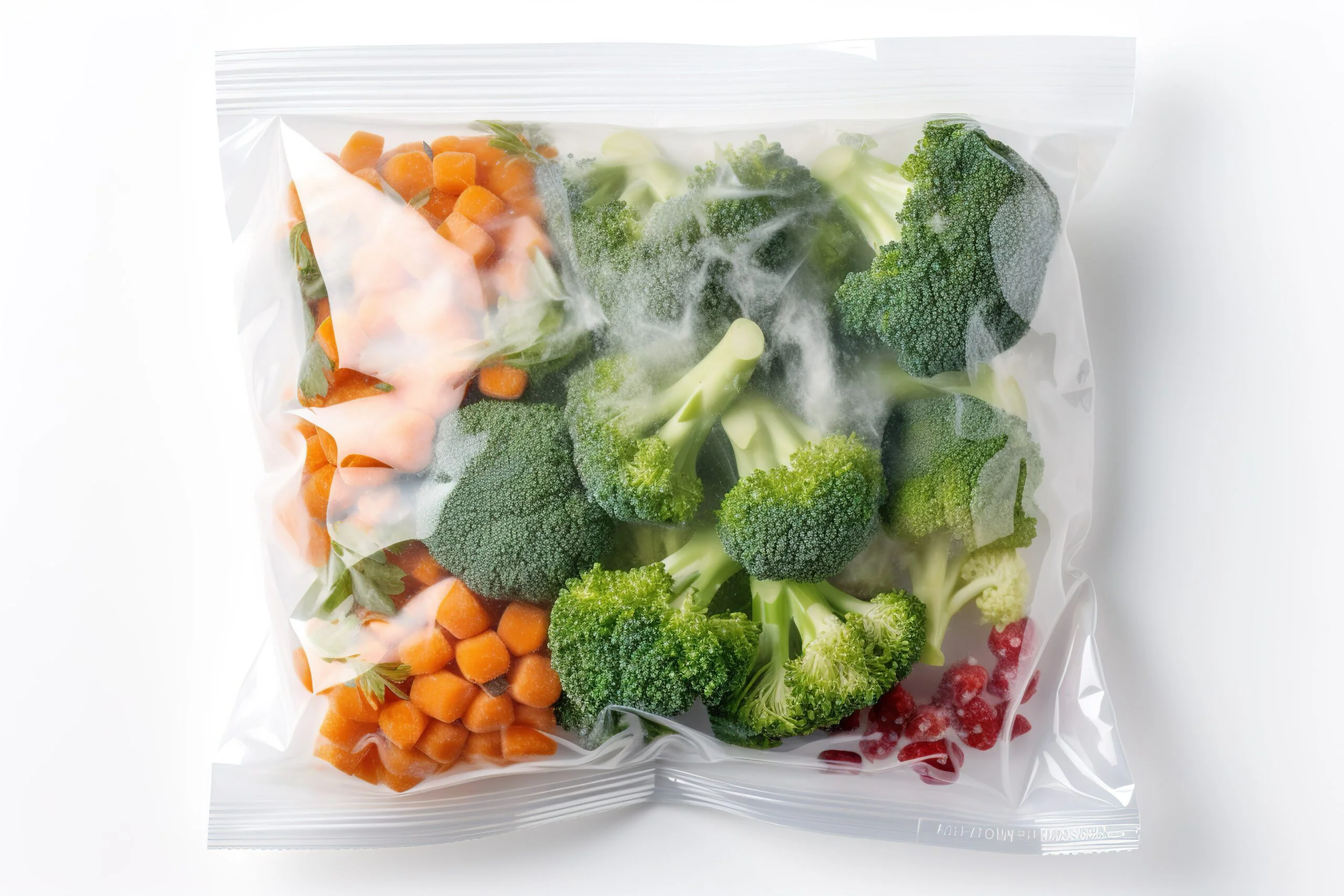Frozen Broccoli and Carrots in a Plastic Bag With Steam on a White or Clear Surface PNG Transparent Background.. frozen broccoli carrots plastic bag with steam white clear surface png transparent background scaled The Specifications for Extended Shelf-Life in Food Packaging