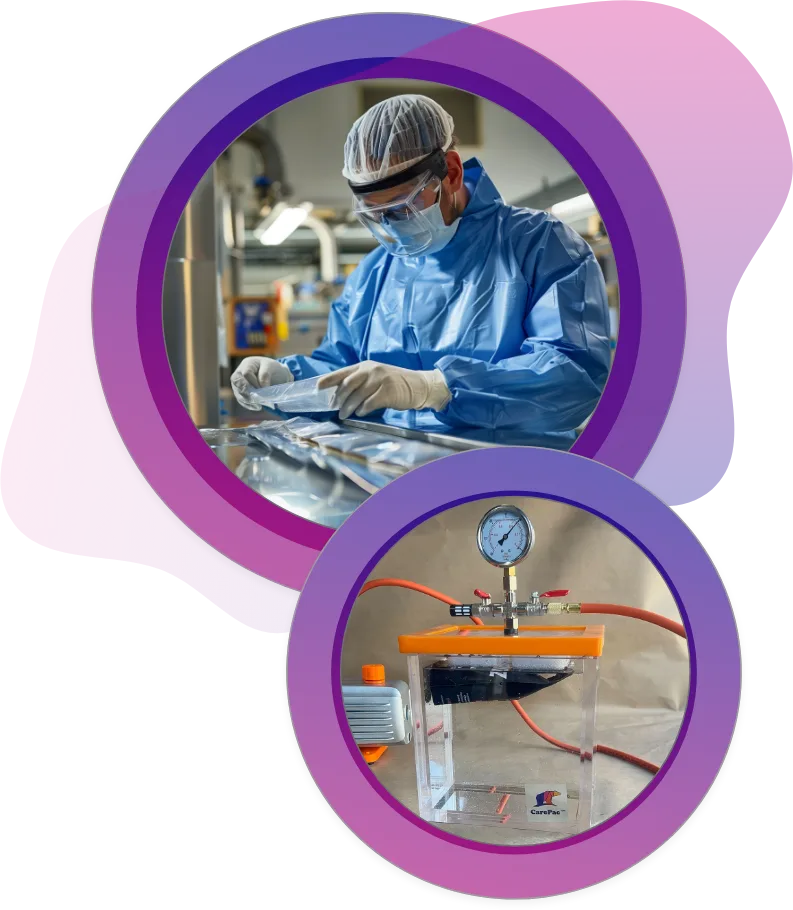 Vacuum chamber pouch seal test with pressure gauge for flexible packaging durability at CarePac lab