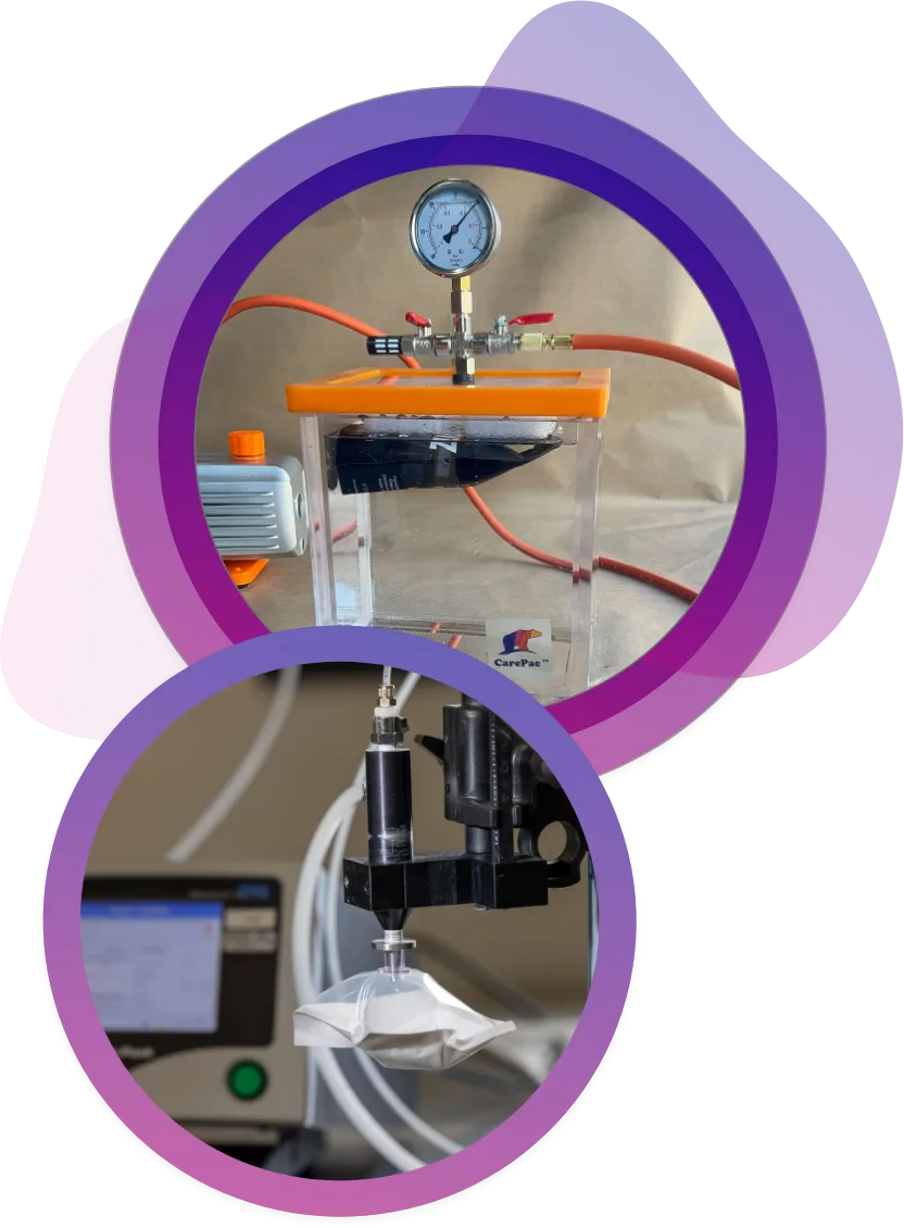 Vacuum chamber pouch seal test with pressure gauge for flexible packaging durability at CarePac lab