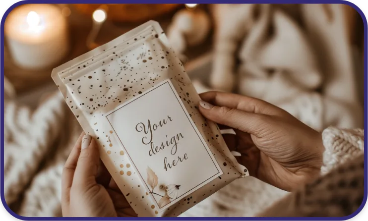 A woman holds a resealable pouch with a customizable “Your design here” label, surrounded by cozy lighting, ideal for artisanal or boutique product packaging.