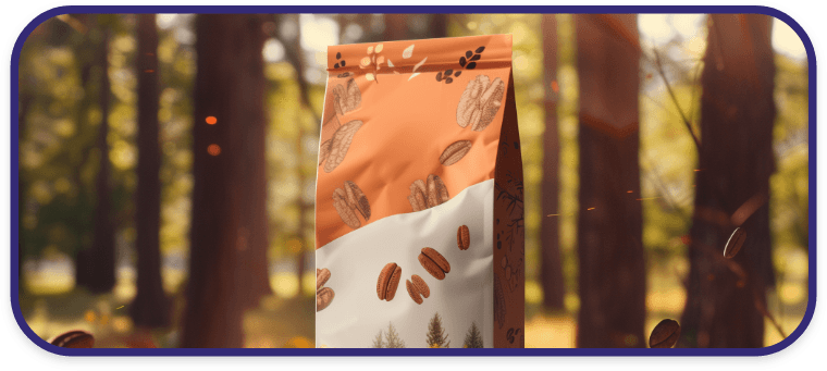 Orange and white stand-up pouch for nuts displayed in a natural forest setting with scattered nuts.
