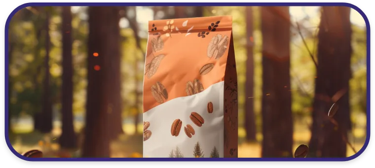 Custom Pecan Packaging Orange and white stand-up pouch for nuts displayed in a natural forest setting with scattered nuts.