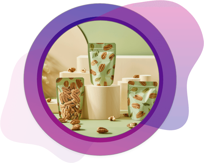 Colorful stand-up pouches for nuts and snacks with custom pecan nut print designs on a green display.