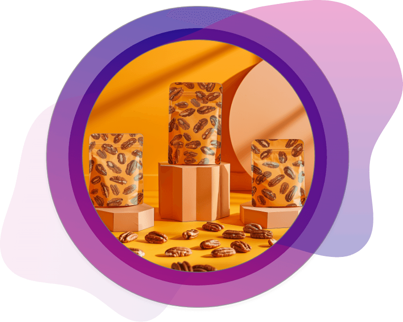 Bright orange stand-up pouches with nut patterns, modern packaging design with nuts scattered on table.