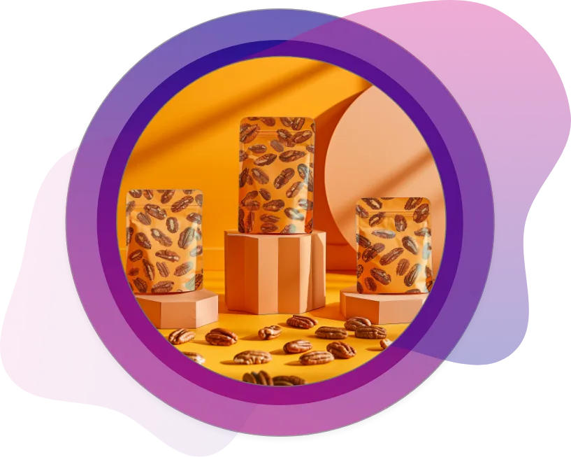 Bright Orange Pecan Nut Packaging Bright orange stand-up pouches with nut patterns, modern packaging design with nuts scattered on table.