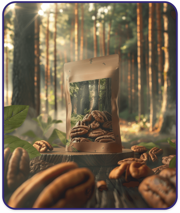 Kraft paper stand-up pouch with pecan nuts in a forest background, emphasizing eco-friendly packaging.