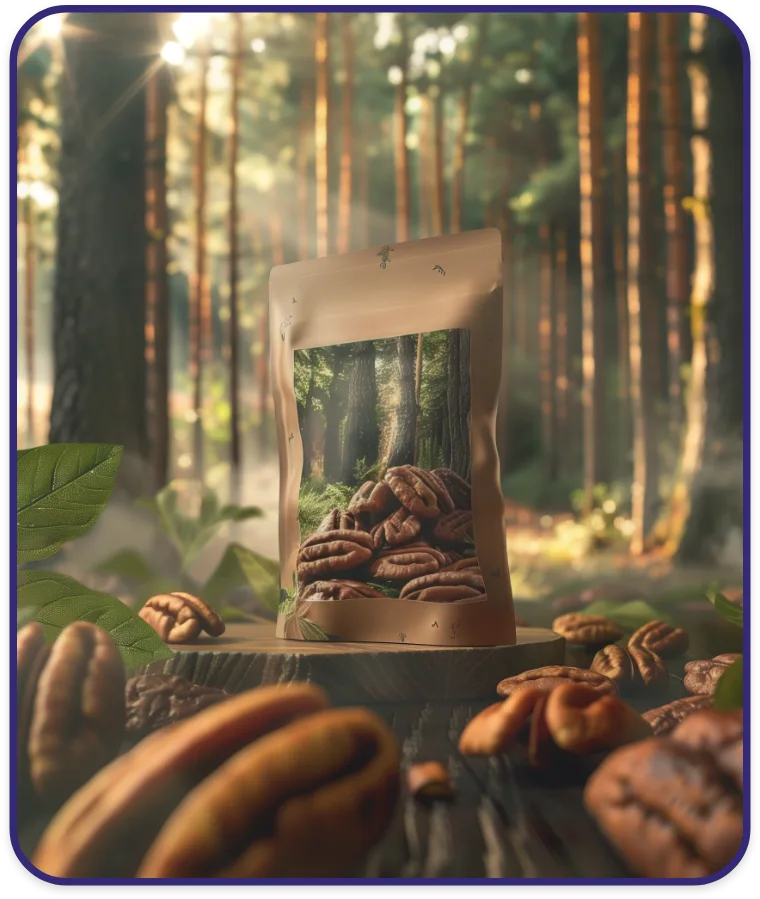Eco Kraft Pecan Pouch Kraft paper stand-up pouch with pecan nuts in a forest background, emphasizing eco-friendly packaging.