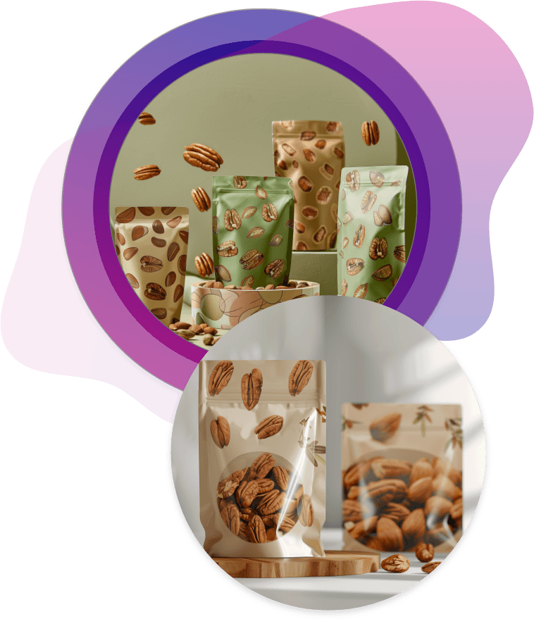  Display Variety of green and beige stand-up nut pouches with pecan graphics, modern snack packaging display.