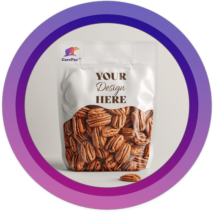 White customizable stand-up pouch with pecan nut design and placeholder text for custom branding.