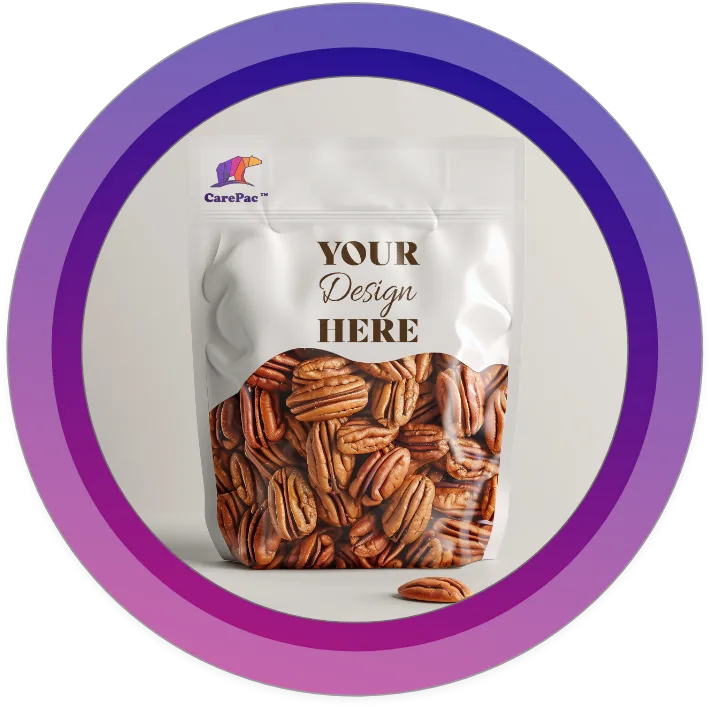 Customizable White Pecan Nut Pouch White customizable stand-up pouch with pecan nut design and placeholder text for custom branding.