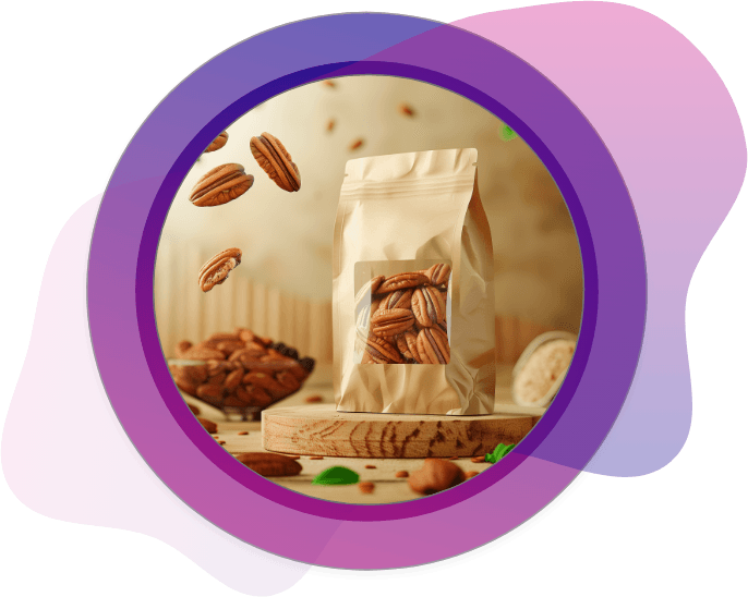 Kraft stand-up pouch for cookies and nuts, with nuts artistically floating around the package.