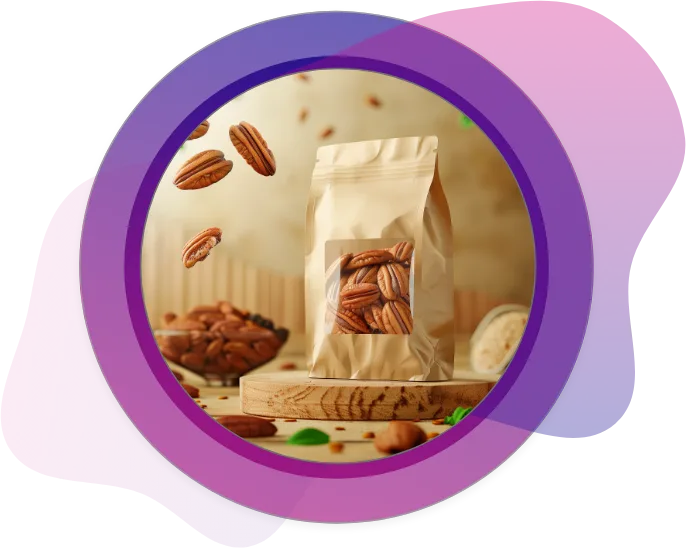 Sustainable Pecan Nut Pouch Kraft stand-up pouch for cookies and nuts, with nuts artistically floating around the package.