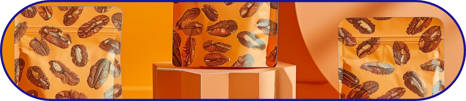 Bright Orange Pecan Nut Packaging Bright orange stand-up pouches with nut patterns, modern packaging design with nuts scattered on table.