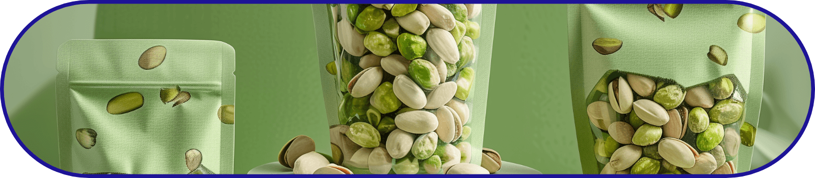 Pistachios in stand-up pouches with matte green finish and clear windows showcasing the product, ideal for retail nut packaging.