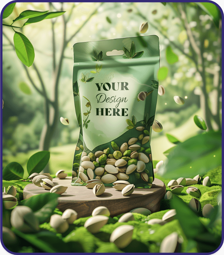 Customizable stand-up pouch for pistachios displayed on a wooden platform in a green outdoor setting with scattered pistachio shells.