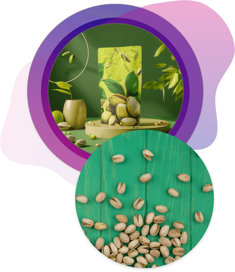 Pistachio-themed stand-up pouch design on a display platform with scattered pistachios on a vibrant green wooden surface.