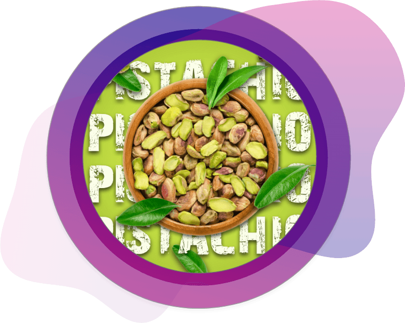 Roasted shelled pistachios in a wooden bowl with leaves on a bold green background reading “PISTACHIO,” perfect for snack branding.