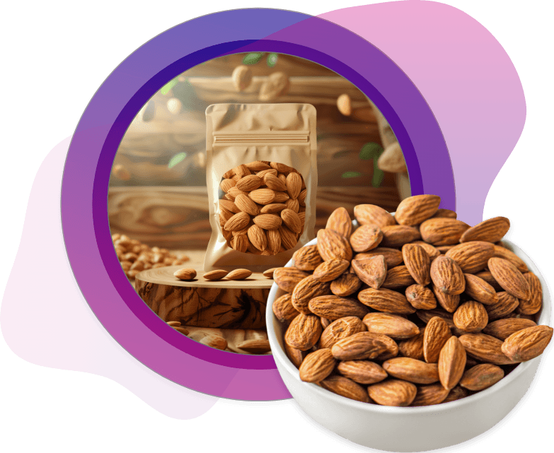 Elegant Almond Packaging with Nut Bowl Display A premium almond packaging pouch decorated with floral and almond illustrations stands beside a white bowl filled with a mixed variety of nuts, set against a soft and natural indoor background with floral accents.