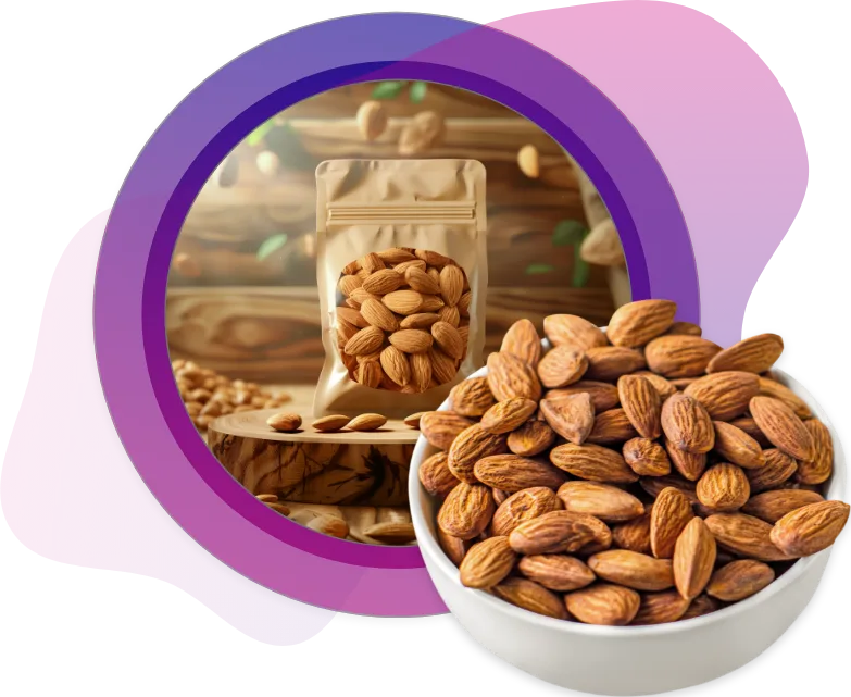Customized almond packaging with a bowl full of almonds