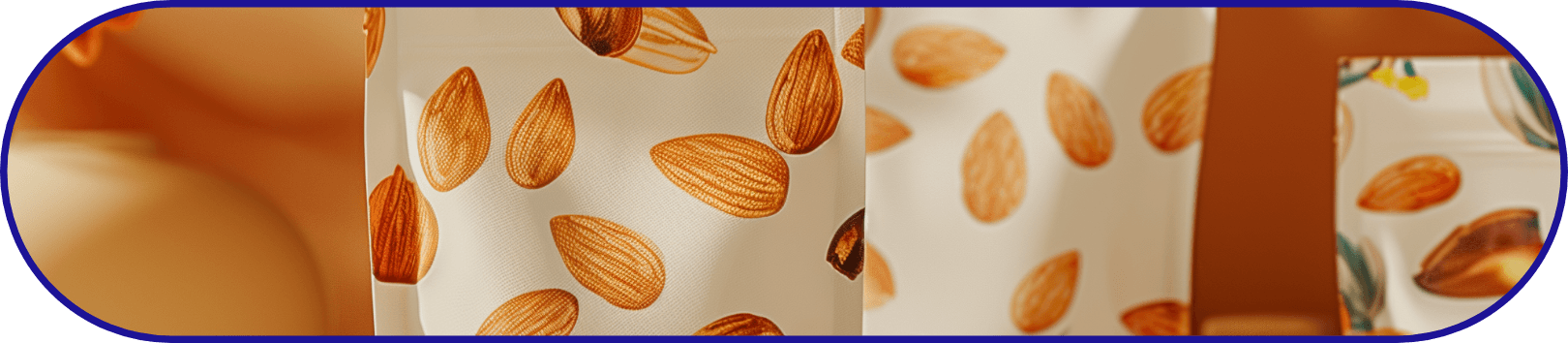 Almond Print Pouch Design A horizontal view of multiple almond packaging pouches showcasing a variety of seamless almond and nut illustrations, arranged against a warm orange backdrop for a modern and artisanal look.