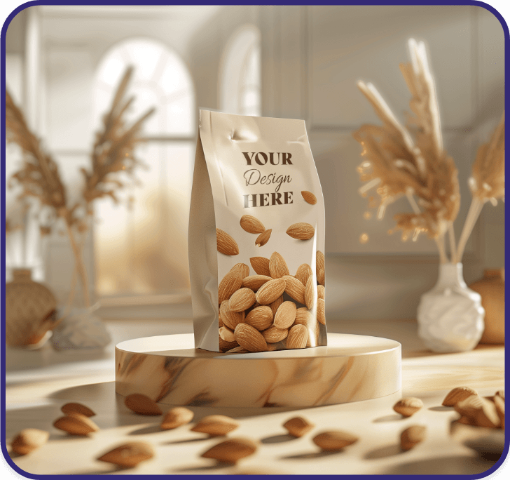 Custom Almond Packaging Design A sleek almond pouch labeled “Your Design Here” placed on a marble pedestal in a sun-drenched room, surrounded by scattered almonds and minimalist decor including pampas grass and ceramic vases.