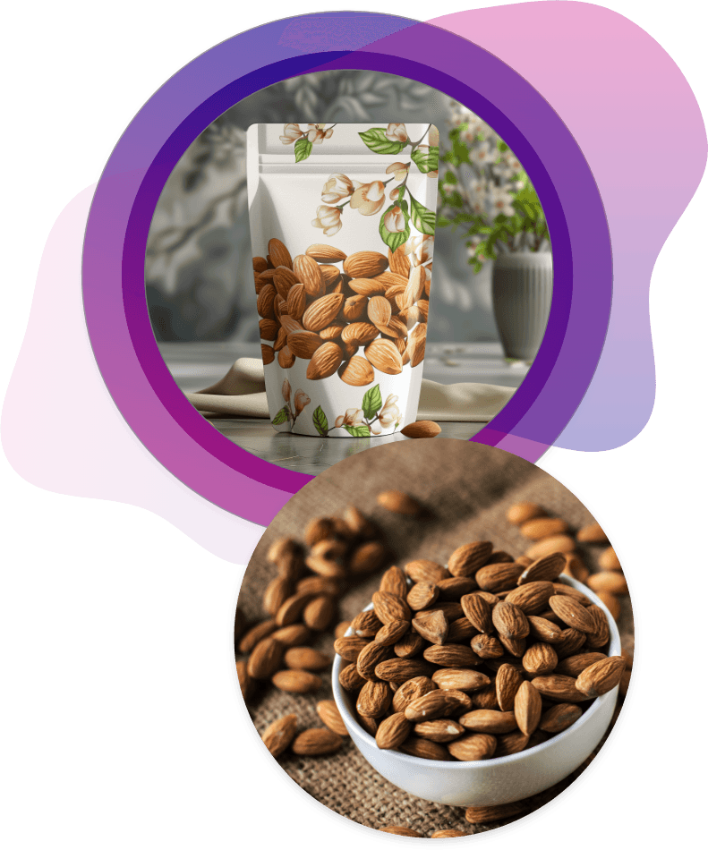Almond Product with Floral Pouch A white almond pouch adorned with floral and almond illustrations set on a tabletop next to a bowl filled with whole almonds, all within a soft, pastel-styled circle design and homey floral background.