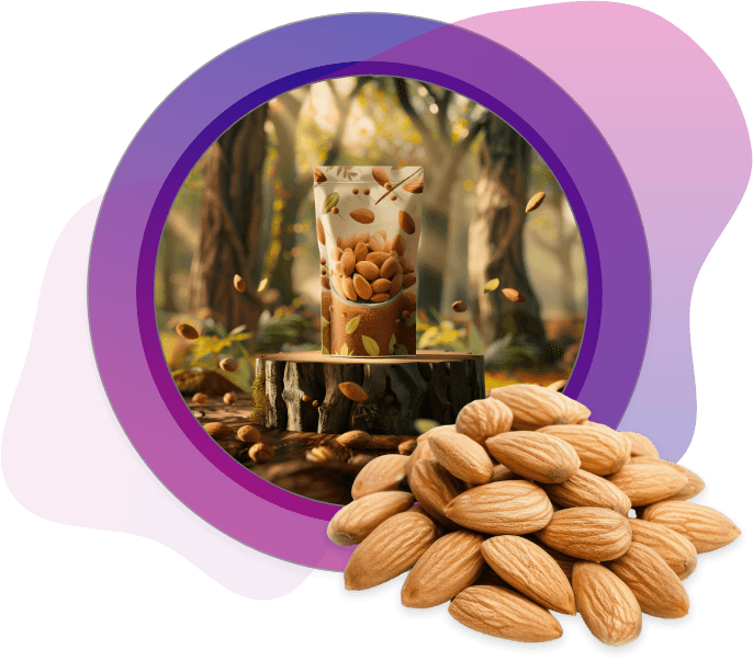 Almond Packaging An almond pouch placed on a tree stump surrounded by falling almonds in a stylized forest setting, paired with a pile of whole almonds in the foreground, evoking a rustic and natural aesthetic.