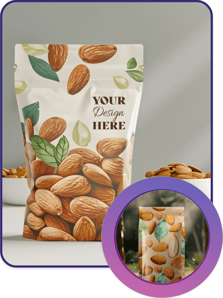 Custom Almond Packaging A high-resolution mockup of a resealable almond pouch featuring almond and leaf illustrations and placeholder text "Your Design Here," surrounded by almond piles and a circular zoom-in of a different pouch variant.