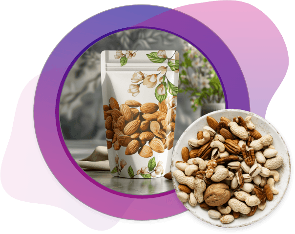 Almond Product with Floral Pouch A white almond pouch adorned with floral and almond illustrations set on a tabletop next to a bowl filled with whole almonds, all within a soft, pastel-styled circle design and homey floral background.