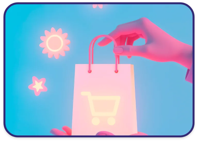 Stylized digital image of a pink hand holding a pastel shopping bag with a glowing shopping cart icon, representing e-commerce, consumer packaging, and retail design trends.