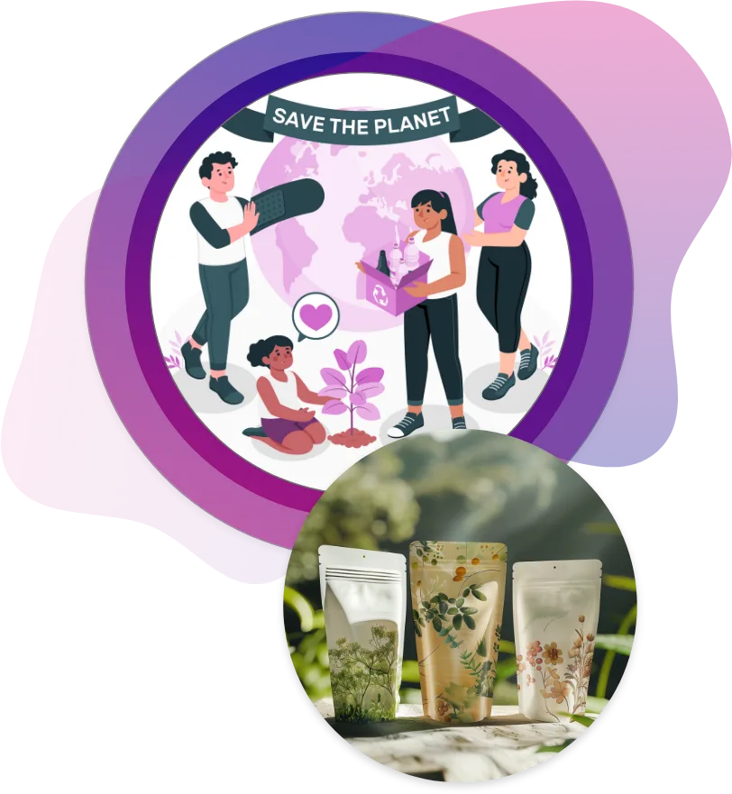 Illustrated women engaging in sustainable activities around a “Save the Planet” sign, paired with real-life compostable stand-up pouches featuring natural designs, showcasing eco-friendly packaging practices.