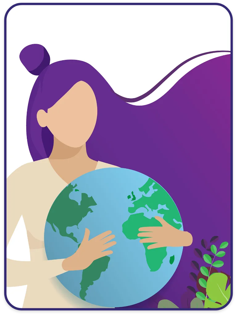 Vector illustration of a woman with long purple hair hugging the Earth, surrounded by foliage, representing sustainability, environmental awareness, and care for the planet in packaging design.