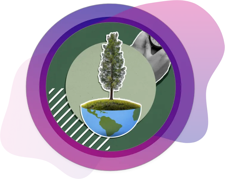 Collage-style image of a tree growing from a cutaway Earth illustration, symbolizing environmental regeneration, responsible packaging lifecycle, and green business practices.