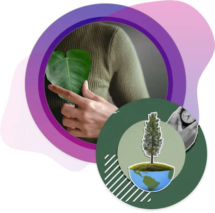 A person holding a heart-shaped leaf in front of their chest, symbolizing eco-friendly values, with an overlay of a tree growing from the Earth, representing sustainability in packaging design.