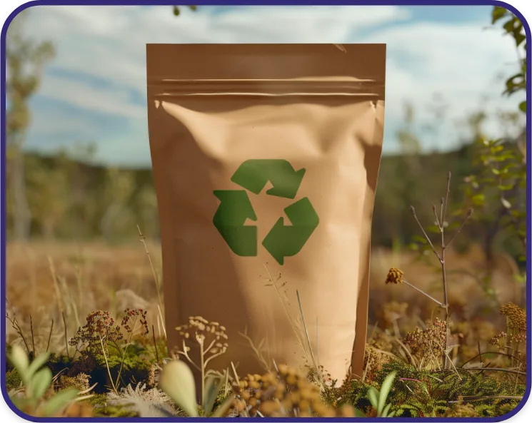 A brown kraft stand-up pouch with a green recycling symbol, displayed outdoors in a natural environment, highlighting compostable and environmentally responsible packaging.