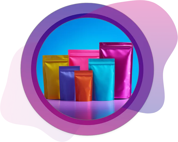 Colorful stand-up pouches displayed, highlighting CarePac’s food-safe custom packaging for everyday brands.