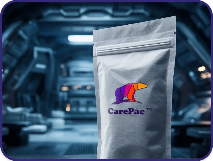 Custom CarePac pouch displayed in a sci-fi space setting, symbolizing next-generation barrier packaging and innovation