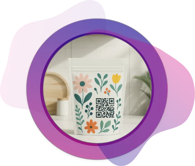 Digitally printed flexible pouch with floral design and QR code, ideal for interactive smart packaging and product tracking