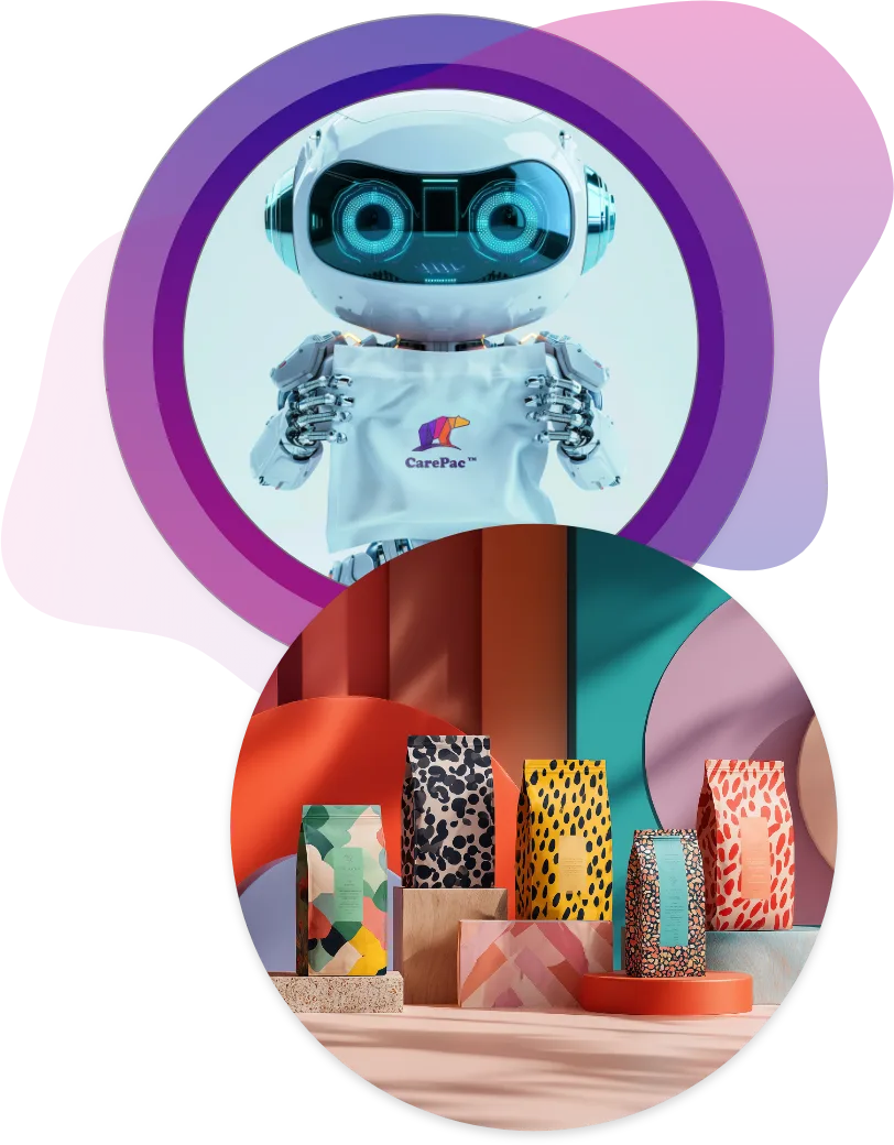 Vibrant custom stand-up pouches in leopard and abstract patterns, showcasing CarePac’s high-quality flexible packaging for consumer products.