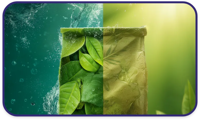 Sustainable stand-up pouch design with split background—underwater and forest—with green leaves on the left and kraft-style paper on the right, highlighting eco-conscious duality.